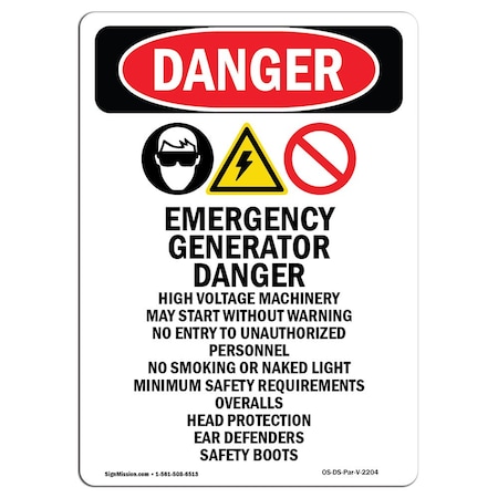 Signmission Safety Sign, OSHA Danger, 18" Height, Emergency Generator, Portrait OS-DS-D-1218-V-2204